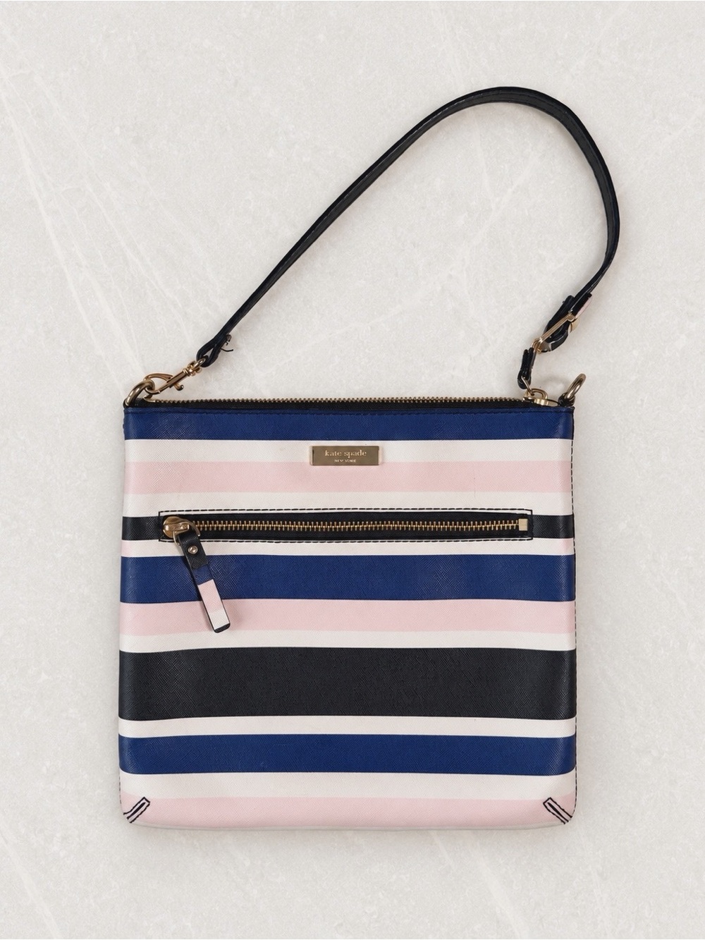 Kate Spade Woman Pink Blue Striped Saffiano Leather Clutch Bag Classic Travel